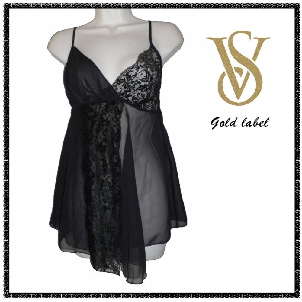 VICTORIAS SECRET Nightie S Black SHEER & LACIE TRIM Asymmetrical Hem VS Vintage
